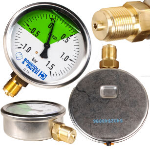 Manuwakuometr Manometr glicerynowy Zegar 100mm -1 do +1,5 BAR 20x1,5 dolny